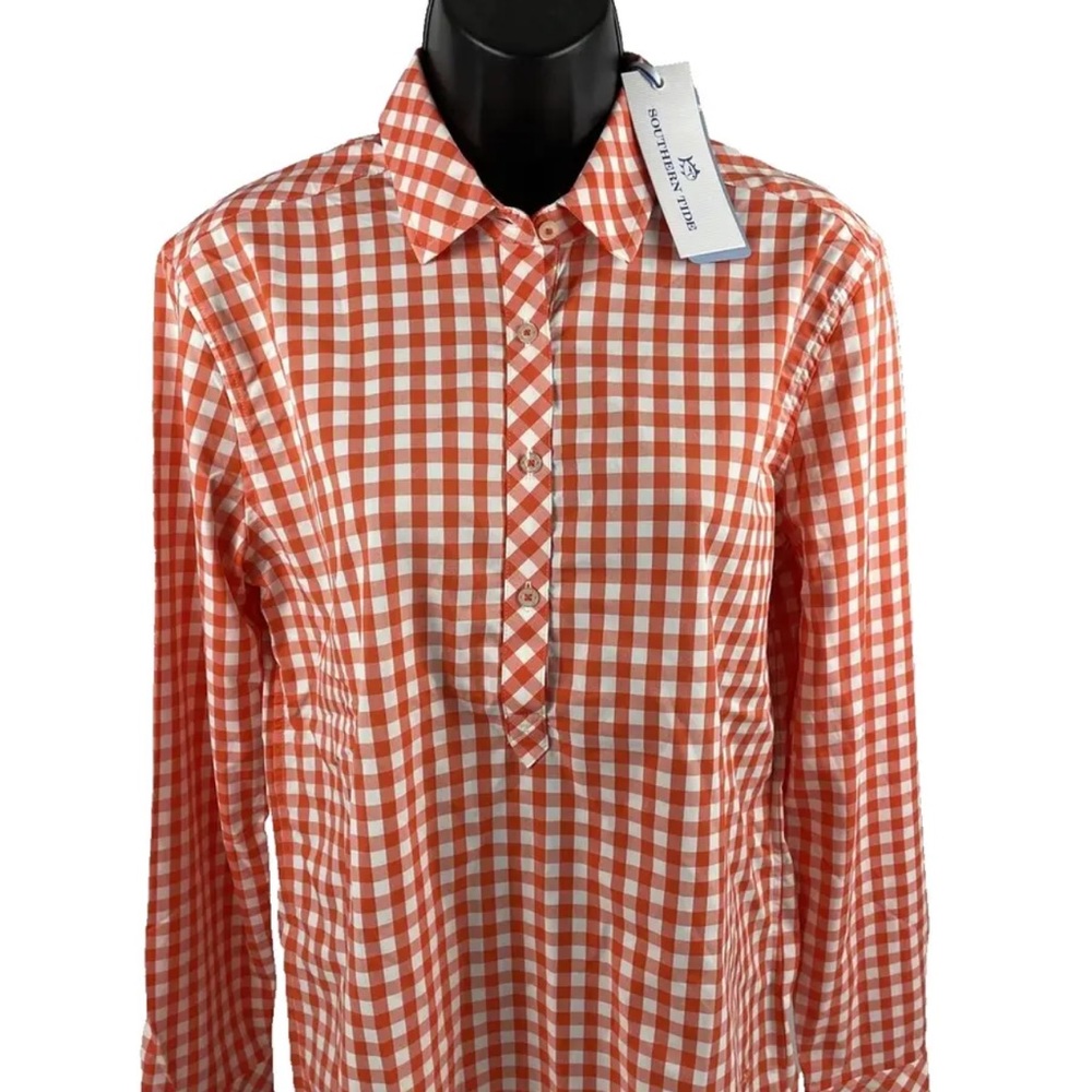 Women's Southern Tide Intercoastal Orange Gingham LS Button Shirt Top Sz S NWT